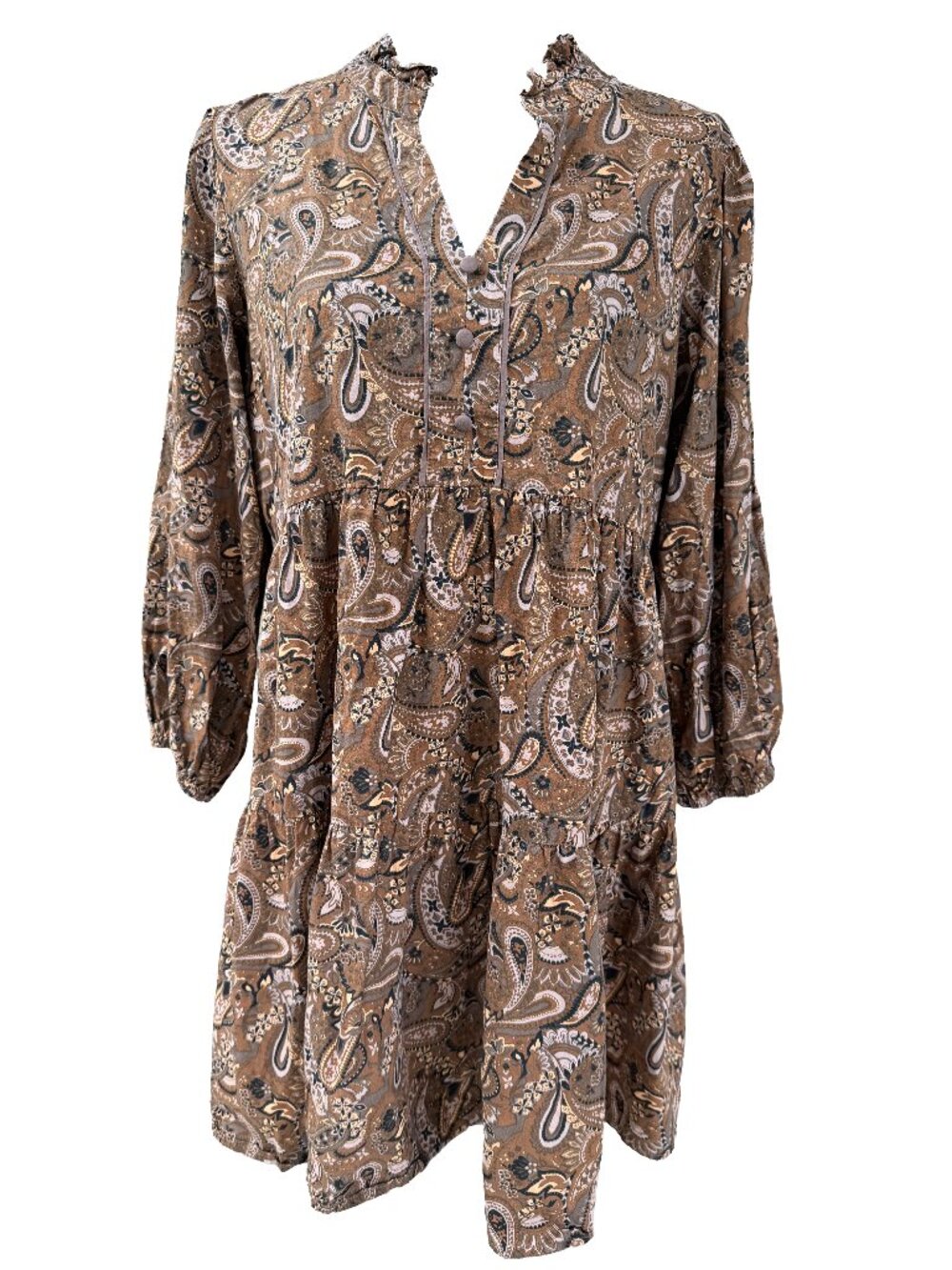 ☀️ Umgee Brown Paisley Cotton Balloon Sleeve Tiered Hi-Low Tunic Dress Size M